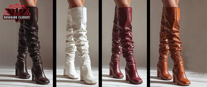 Stylish fashion collage featuring outfits with knee-high boots, showcasing versatile looks for different occasions.