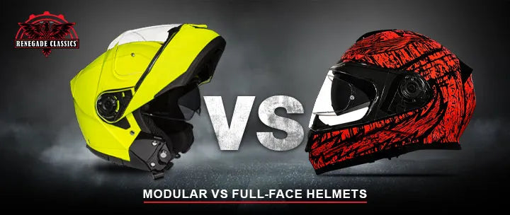 Image compares modular vs. full-face helmets with the blog title shown. The Renegade Classics logo appears in the upper left corner of the image.