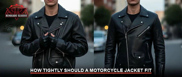 How tightly should a motorcycle jacket fit: Two images show a man in a snug biker jacket with snap buttons, demonstrating proper fit. Renegade Classics logo shown.