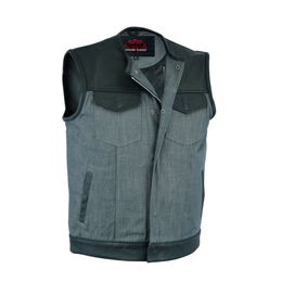 Edgeway Men's  Leather & Denim Combo Motorcycle Vest (Black/Ash Gray)