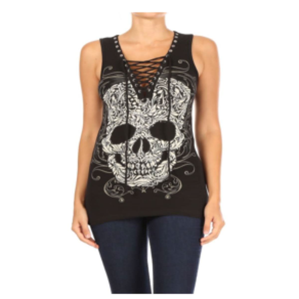 Women's BLACK Baroque Skull Graphic Tank Top Women's Shirts PLATINUM PLUSH