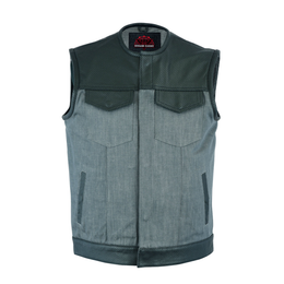 Edgeway Men's  Leather & Denim Combo Motorcycle Vest (Black/Ash Gray)