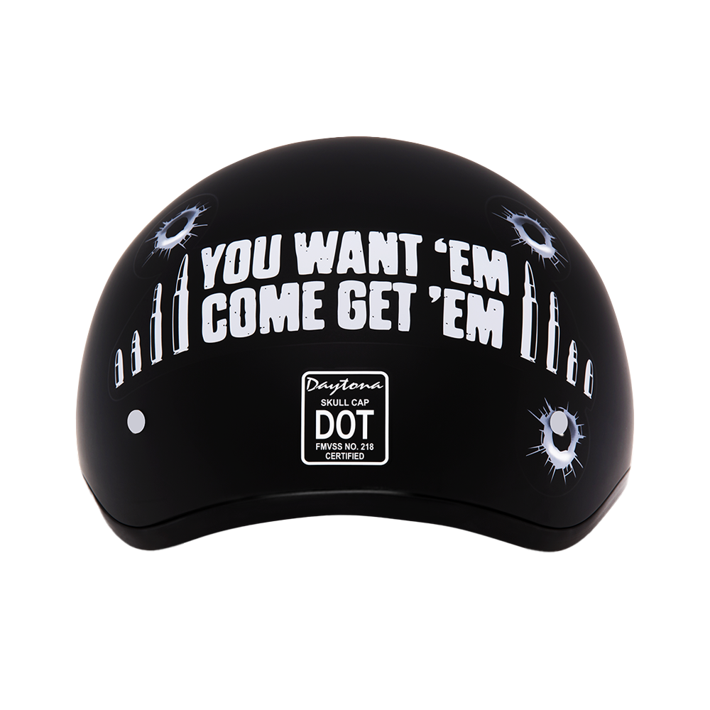 DOT Approved Daytona Motorcycle Half Face Helmet - Skull Cap Graphics for Men & Women, Scooters, ATVs, UTVs & Choppers - W/ Come Get 'Em