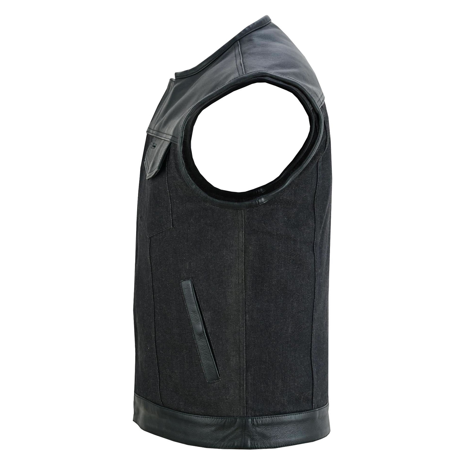 Blackfusion Men's Leather-Denim Combo Motorcycle Vest Men's Denim Vests Renegade Classics