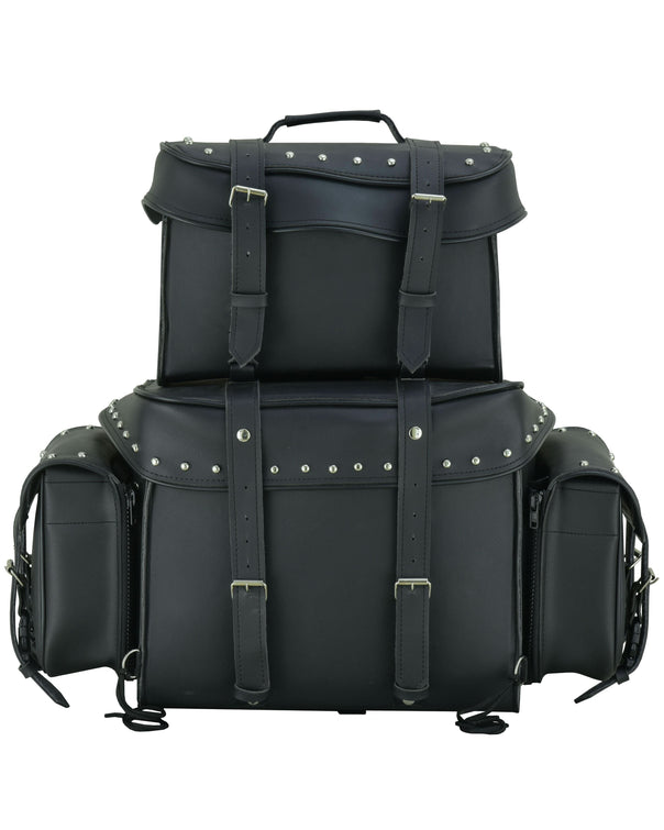 Leather Black PVC Large 4 Piece Motorcycle Touring Tail Bag wi