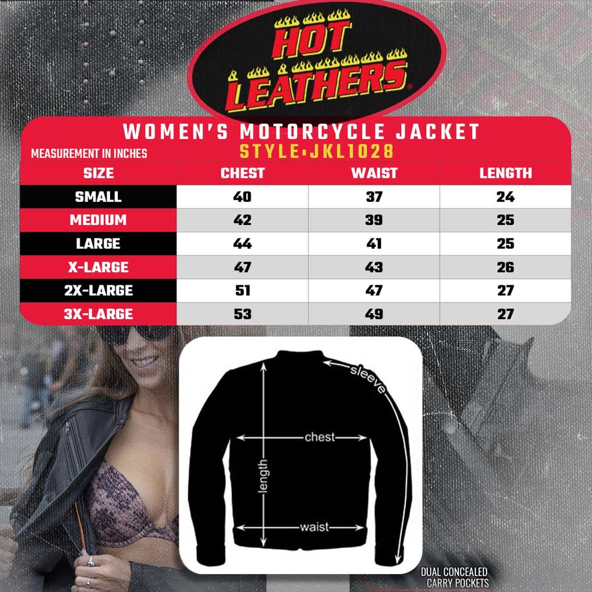 Hot Leathers JKL1028 Studs and Fringe Ladies Black Motorcycle style Carry Conceal Leather Biker Jacket