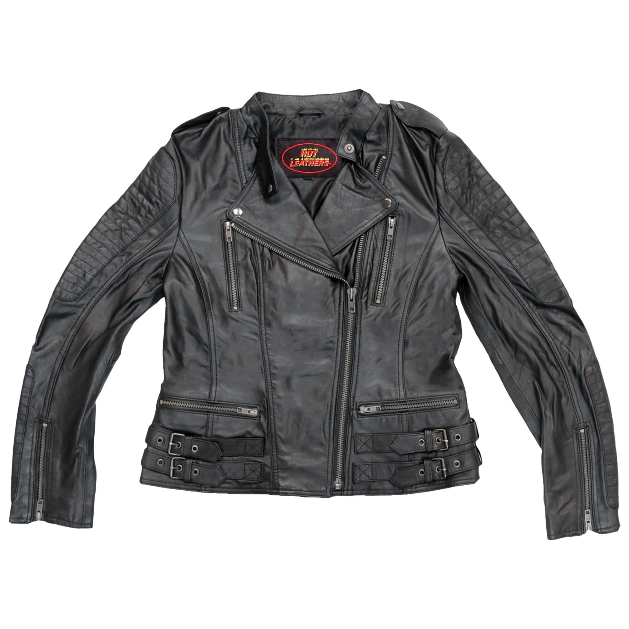 Hot Leathers JKL1030 Ladies Lightweight Motorcycle Black Leather Biker Jacket with Side Buckles