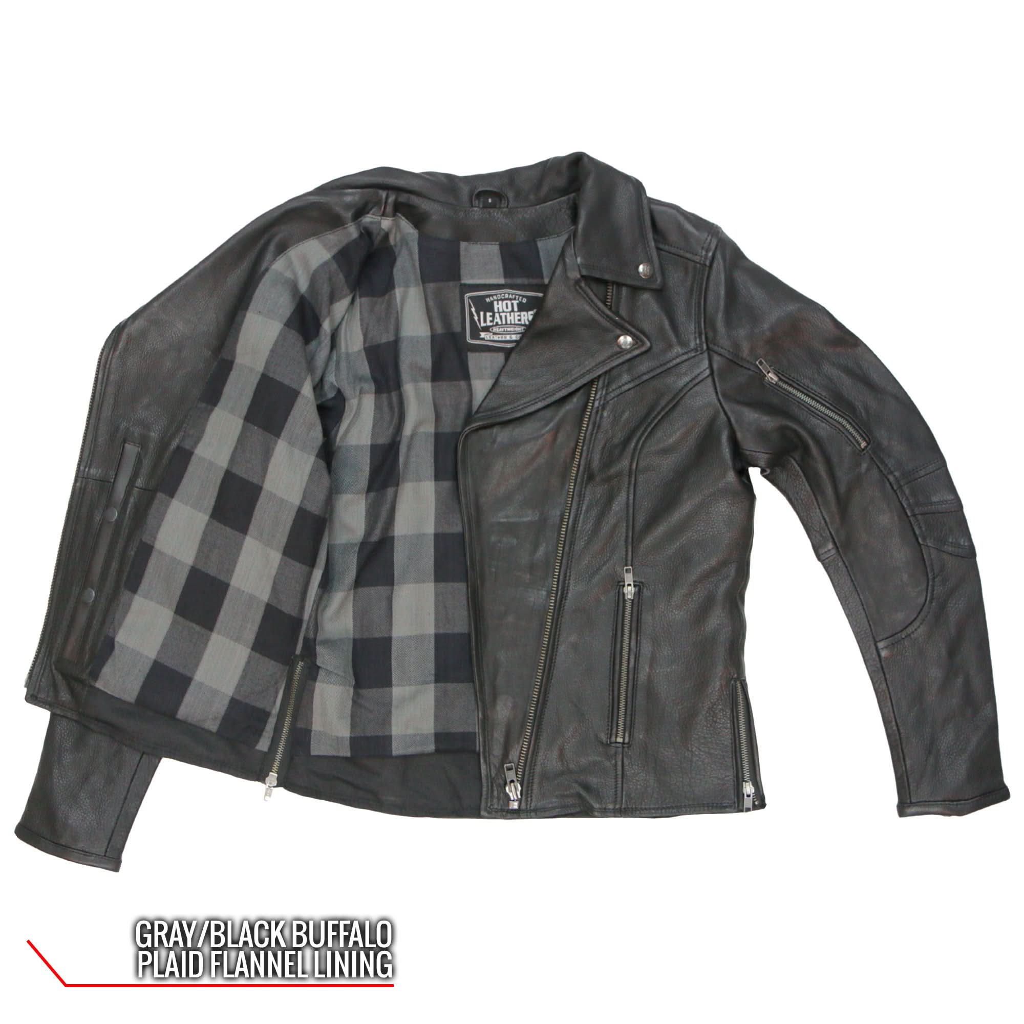 Hot Leathers JKL1034 Ladies Biker Black Leather Motorcycle Jacket with Plaid Flannel Lining