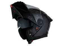 Black motorcycle helmet with visor on a white background