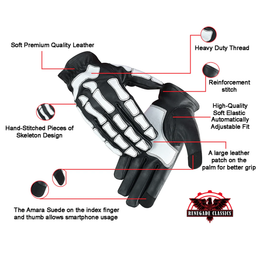 Men’s motorcycle gloves, black/white ‘SkullTrail’ skeleton design, premium soft leather, heavy-duty thread, reinforced stitching, elastic cuff for adjustable fit, large leather palm patch for grip, Amara suede on index and thumb for smartphone use; Renegade Classics branding.
