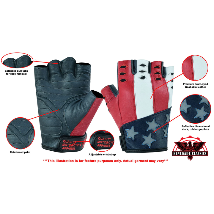 ThrottleFit Men's leather Fingerless gloves - Red, White & Blue