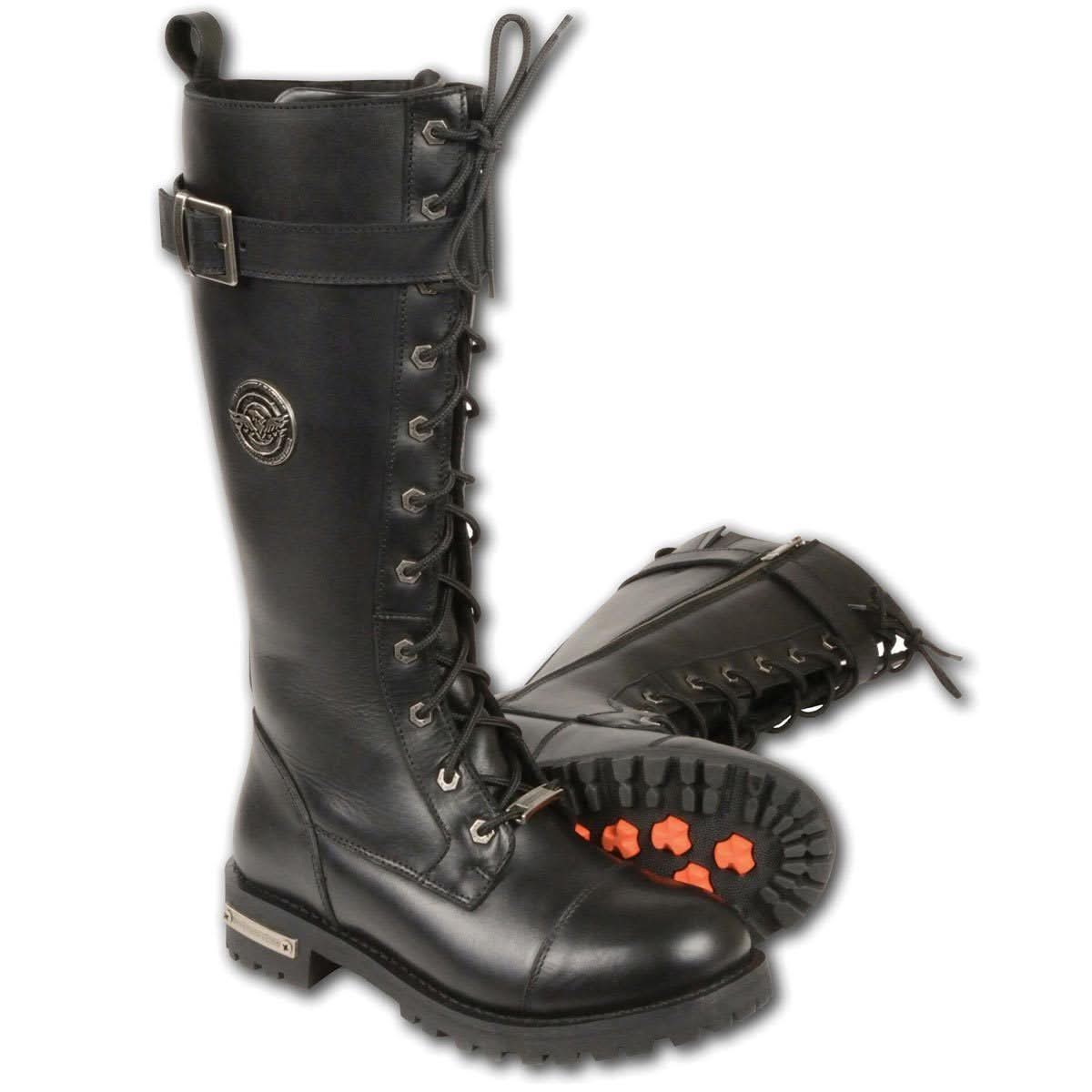 Milwaukee Leather Women's Black 14-inch Lace-Up High-Rise Leather Biker Rider Boots with Calf Buckle MBL9355