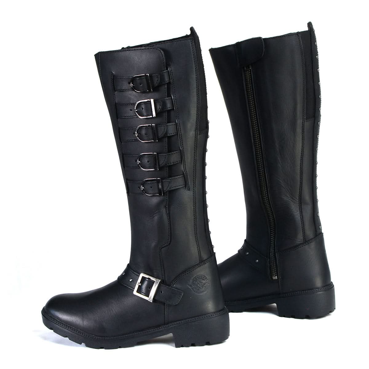 Milwaukee Leather MBL9395 Women's Black Leather 17-Inch Side Strap Riding Motorcycle Boots with Side Zipper