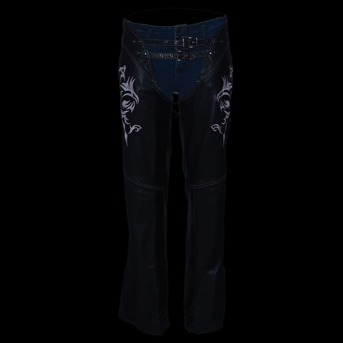 Milwaukee Leather Chaps for Women Black and Pink Low-Rise Waist- Double Buckle Reflective Embroidery Motorcycle Chap- ML1187