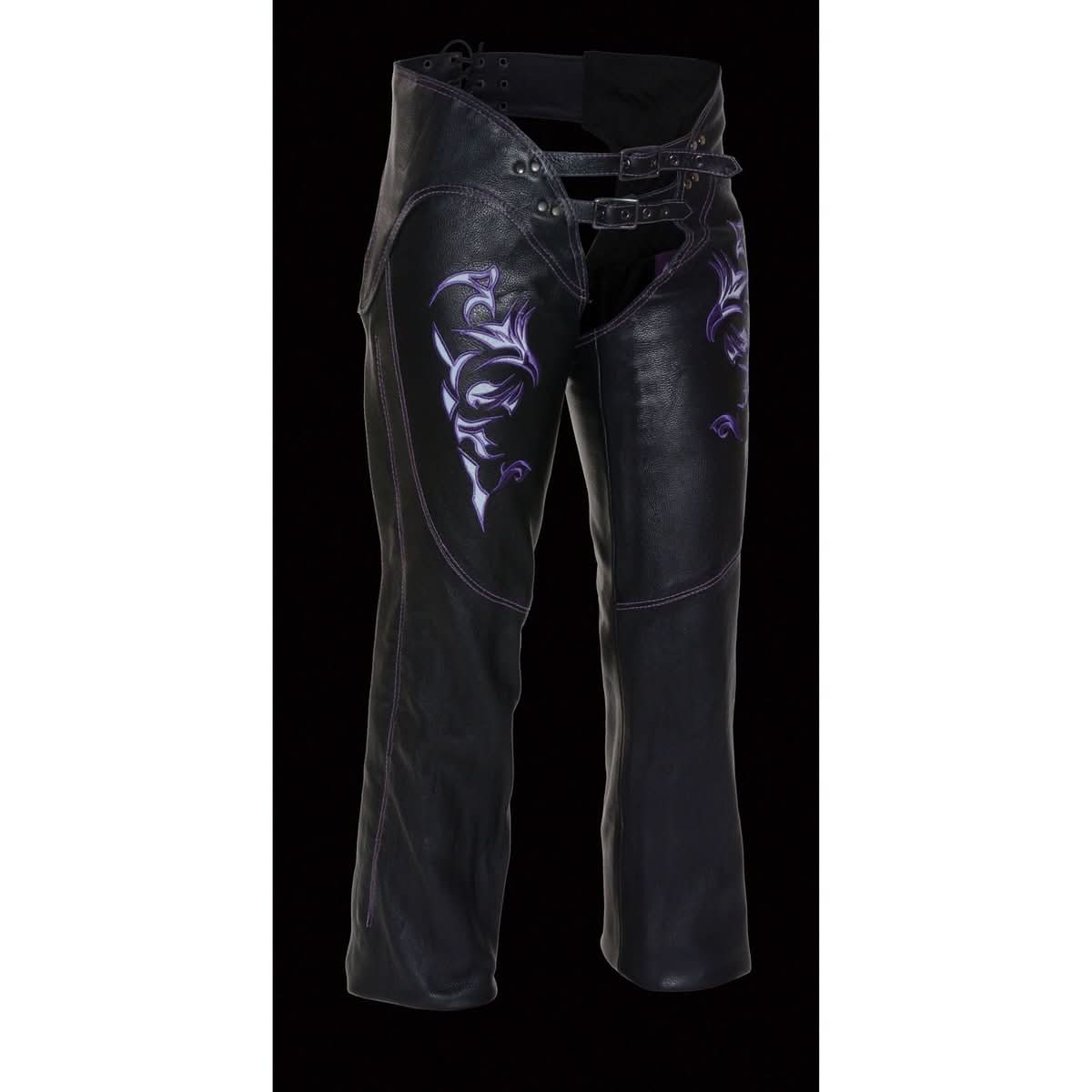 Milwaukee Leather Chaps for Women Black and Purple Low-Rise Waist- Double Buckle Reflective Embroidery Motorcycle Chap- ML1187