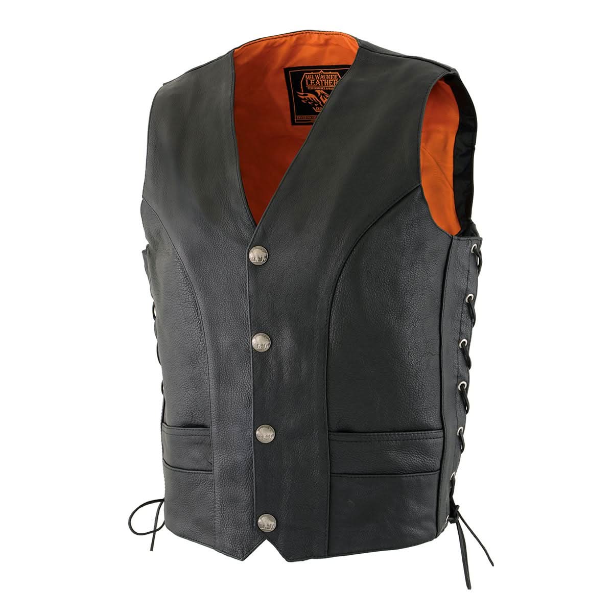 Milwaukee Leather ML1369 Men's Black Premium Leather Side Lace Motorcycle Rider Vest w/ Buffalo Nickel Snaps Closure