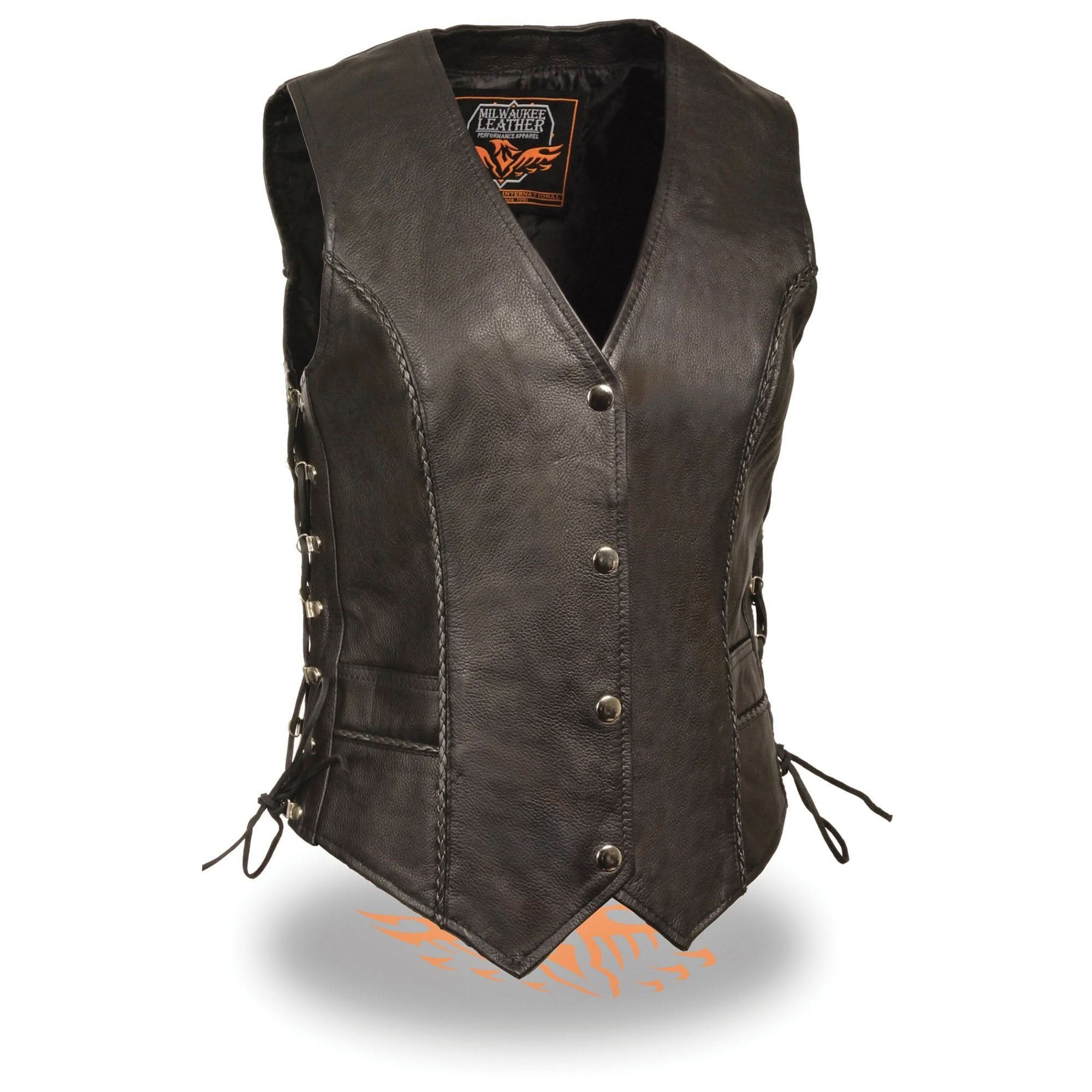 Milwaukee Leather ML2042 Women's Black Braided Premium Leather Motorcycle Rider Vest w/ Side Laces