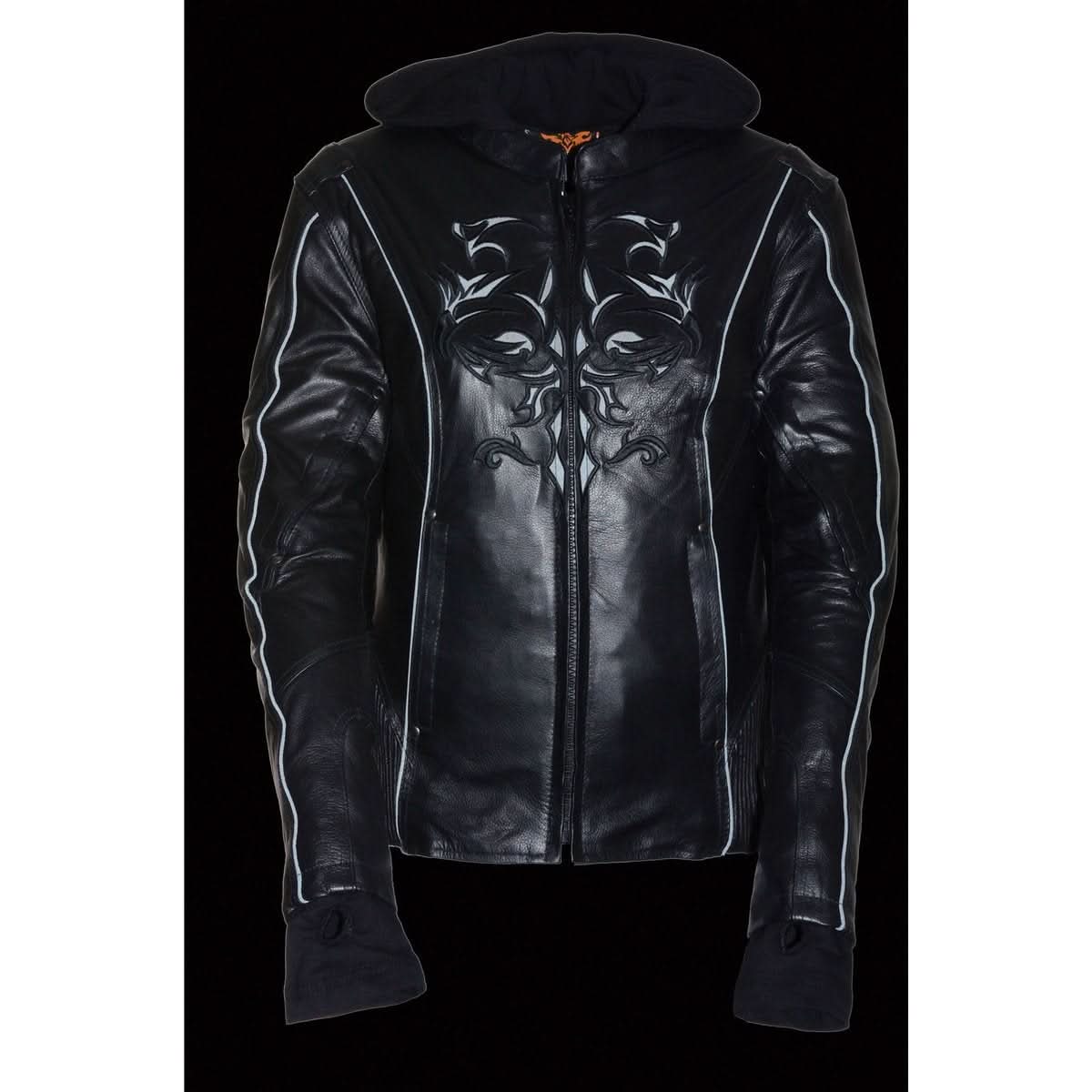 Milwaukee Leather ML2066 Women's 3/4 Black Leather Hoodie Jacket with Reflective Tribal Design
