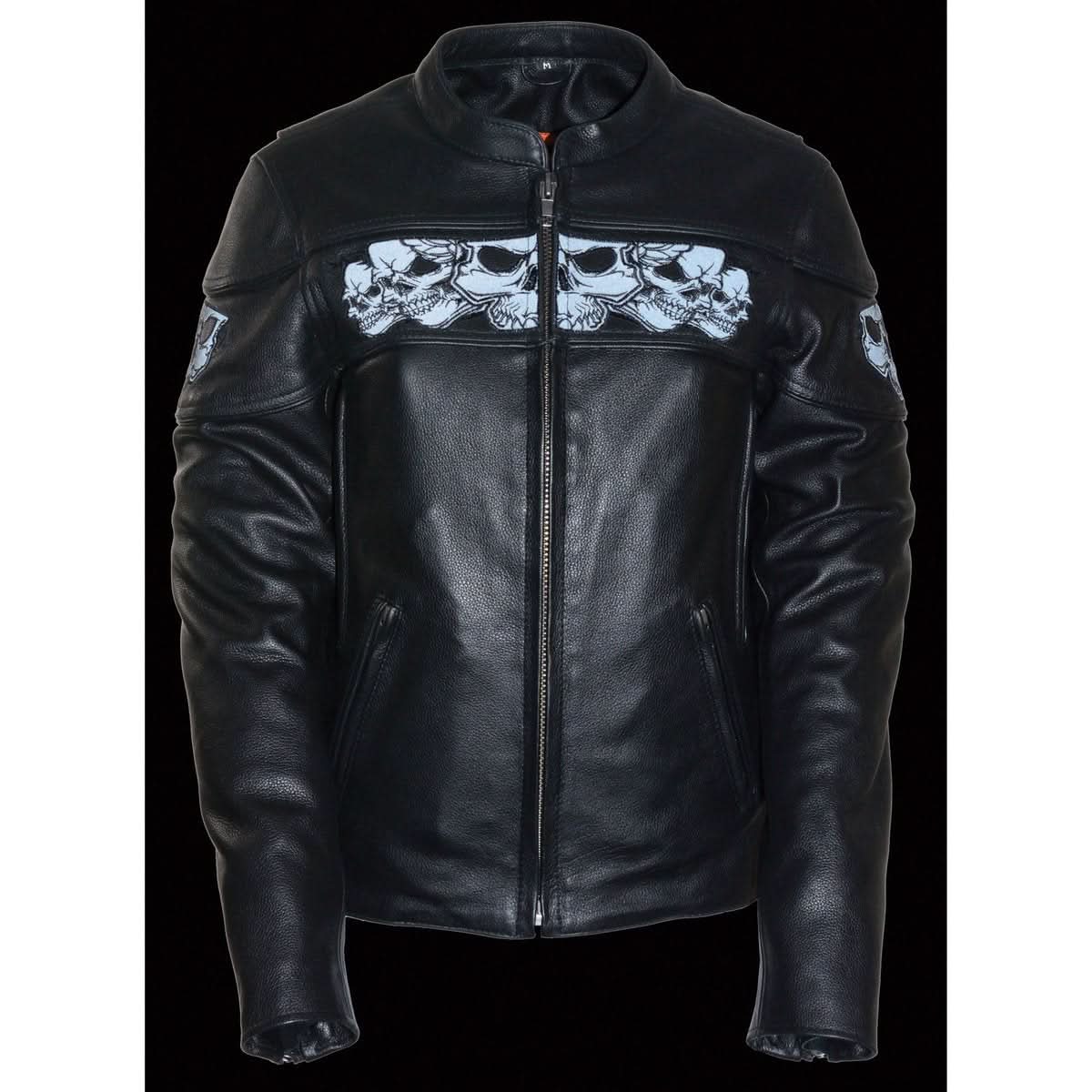 Milwaukee Leather MLL2540 Women's Crossover Black Leather Scooter Jacket w/ Reflective Skull Graphic