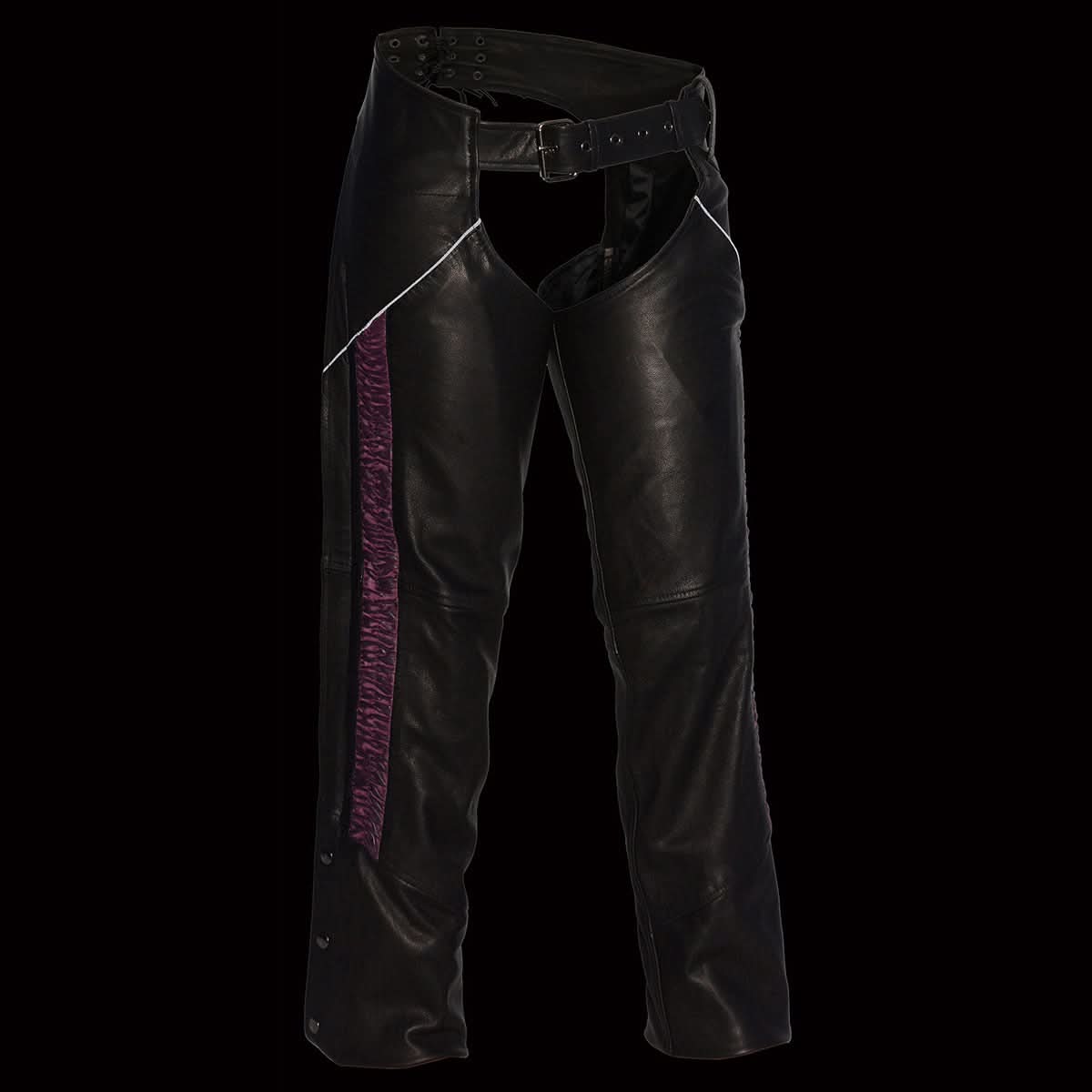 Milwaukee Leather Women's Black Premium Leather Motorcycle Rider Chaps w/ Purple Crinkled Stripes-Reflective Trim MLL6500