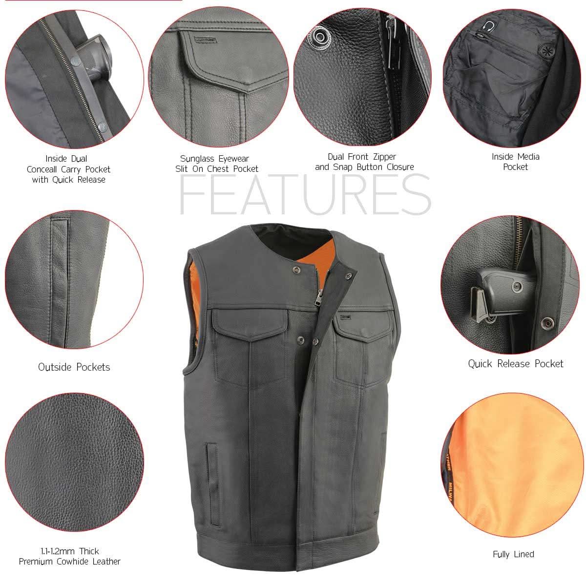 Milwaukee Leather Men's MLM3515 Black Premium Collarless Club Style Motorcycle Vest w/ Cool-Tec Leather Treatment