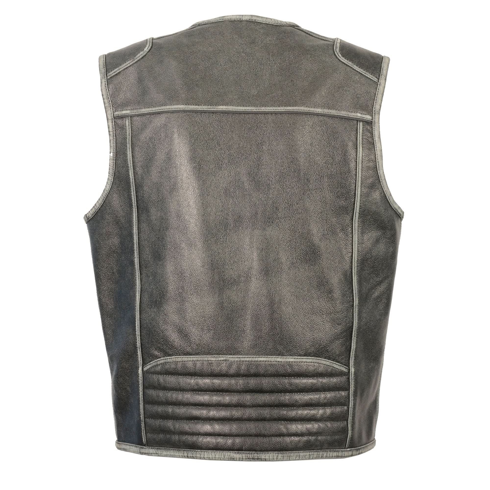 Milwaukee Leather MLM3536 Men's Distressed Grey Leather Collarless Motorcycle Rider Vest