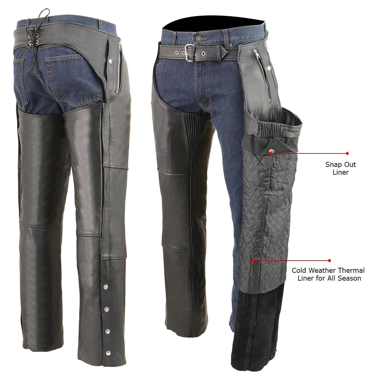 Milwaukee Leather MLM5505 Men's Removal Thermal Lined Black Premium Leather Motorcycle Chaps w/ Cool-Tec Leather