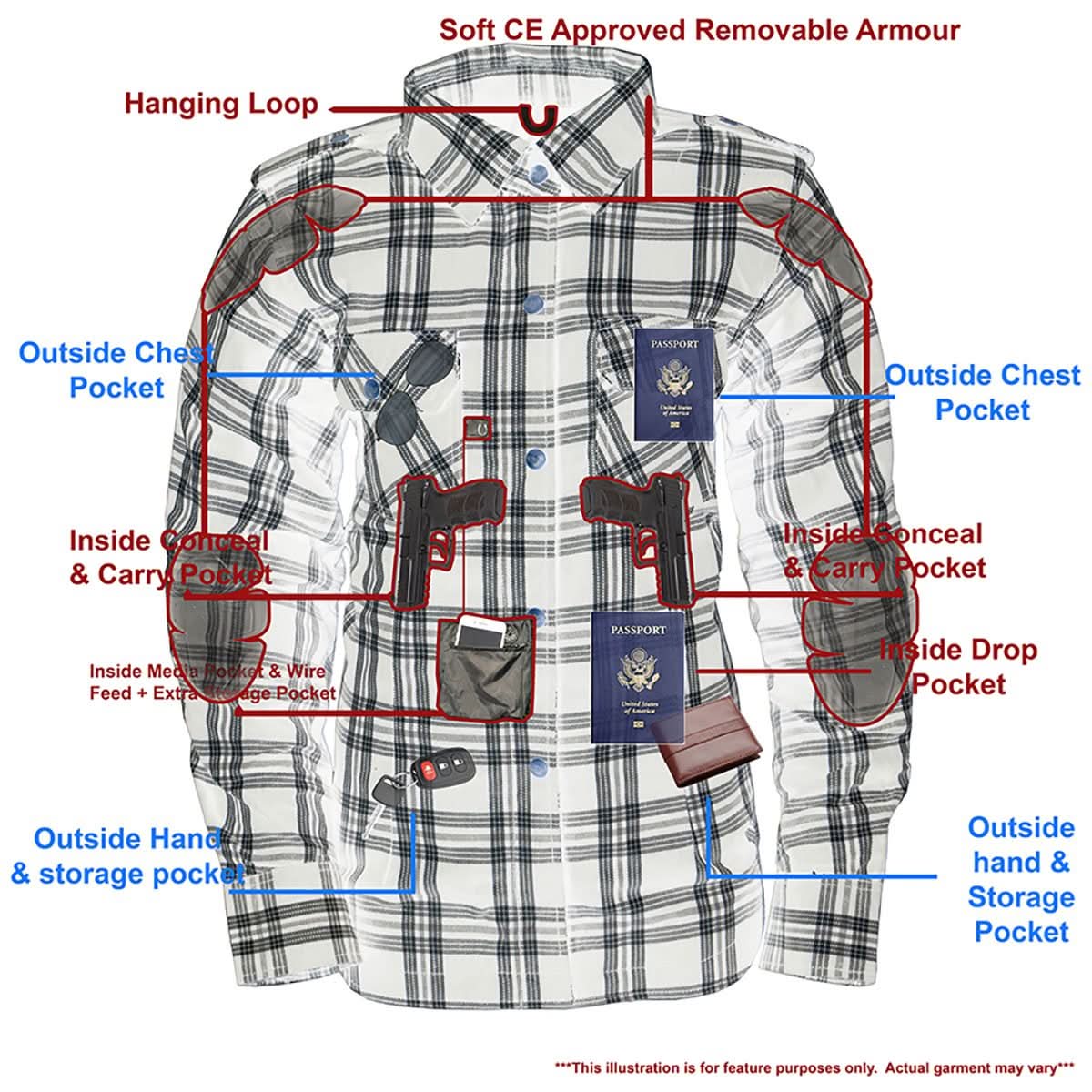 Milwaukee Leather MPL2600 Women’s Plaid Flannel Biker Shirt w/ CE Approved Armor - Reinforced w/ Aramid Fiber