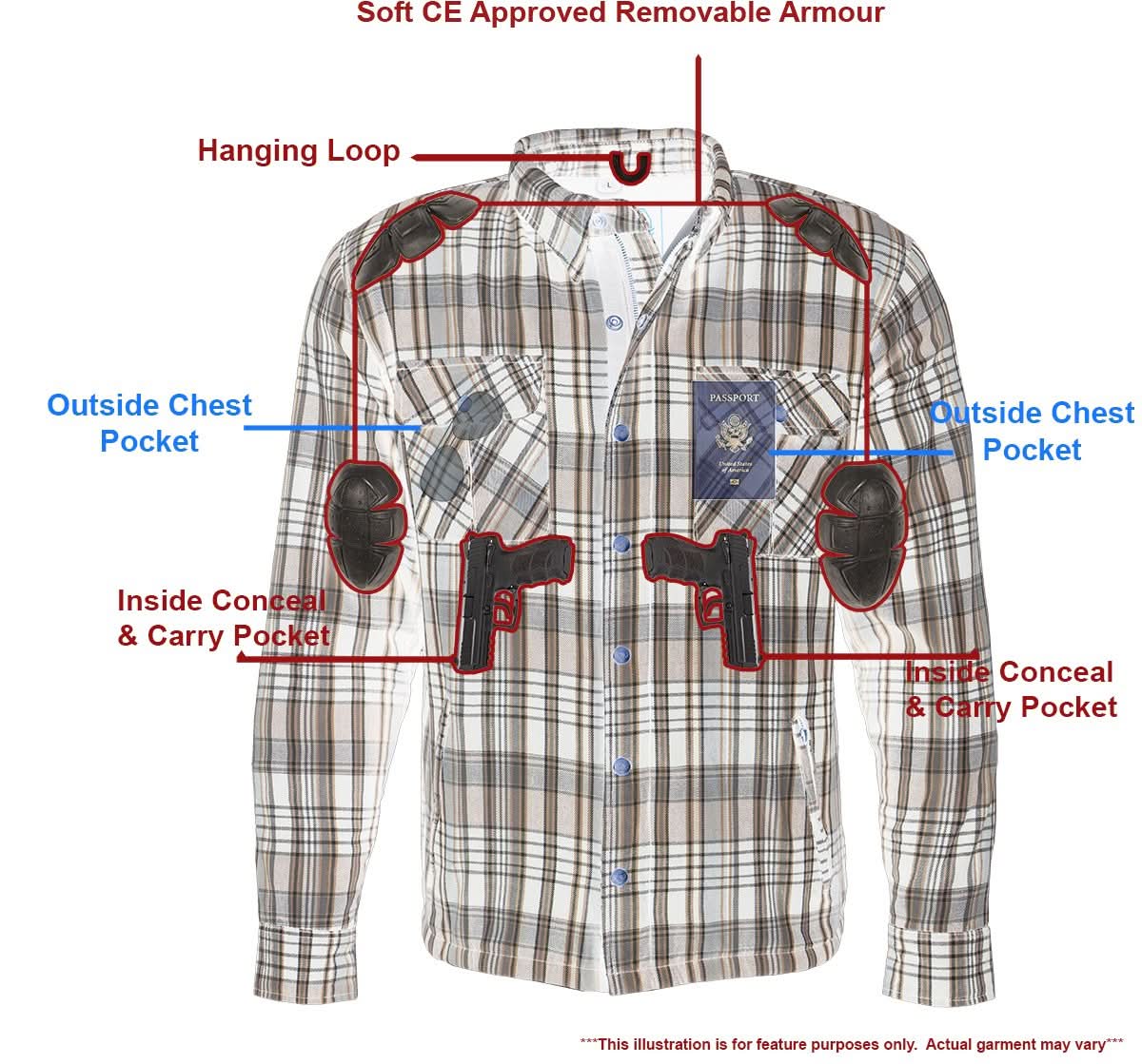 Milwaukee Leather MPM1636 Men's Long Sleeve Flannel Biker Shirt w/ CE Approved Armor - Reinforced w/ Aramid Fiber
