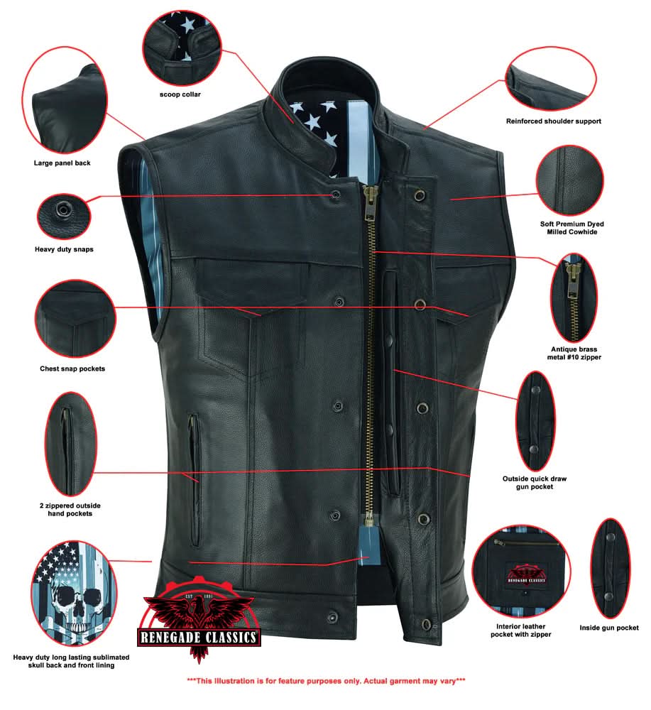 Black Rune Private Men's Black Leather Motorcycle Vest