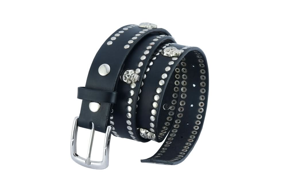 BLT Black Leather Belt with Silver Studs and Skulls Biker Accessories Renegade Classics