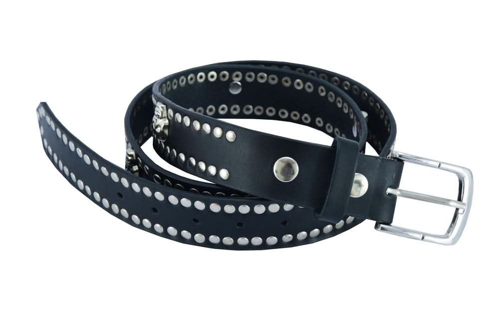 BLT Black Leather Belt with Silver Studs and Skulls Biker Accessories Renegade Classics