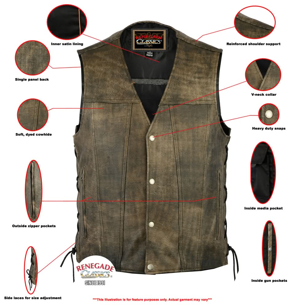 Antique Charm Men's Antique Brown Leather Motorcycle Vest Men's Leather Vests Renegade Classics