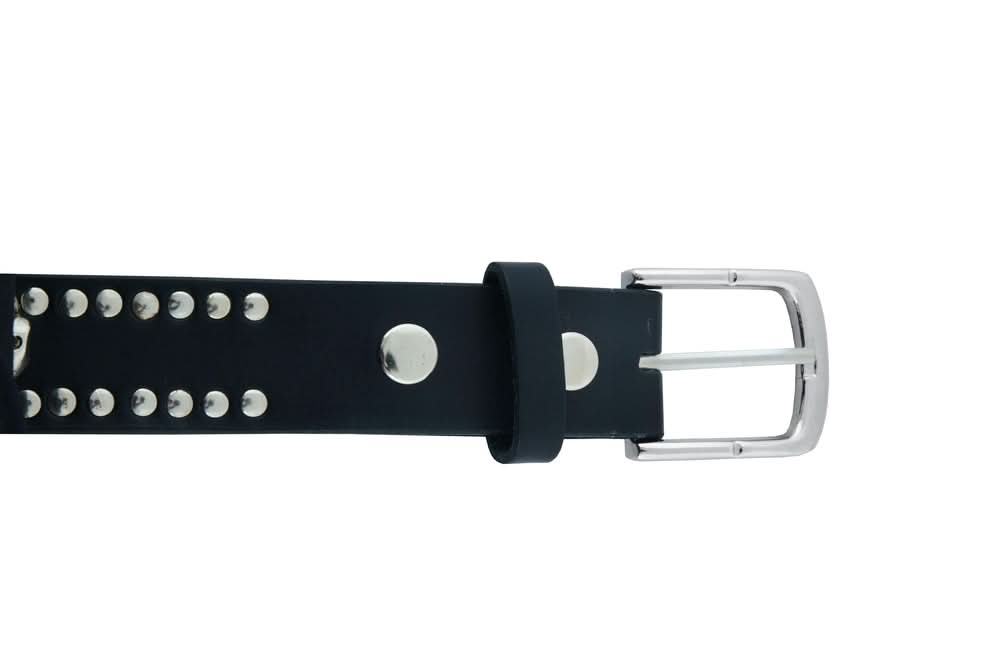 BLT Black Leather Belt with Silver Studs and Skulls Biker Accessories Renegade Classics