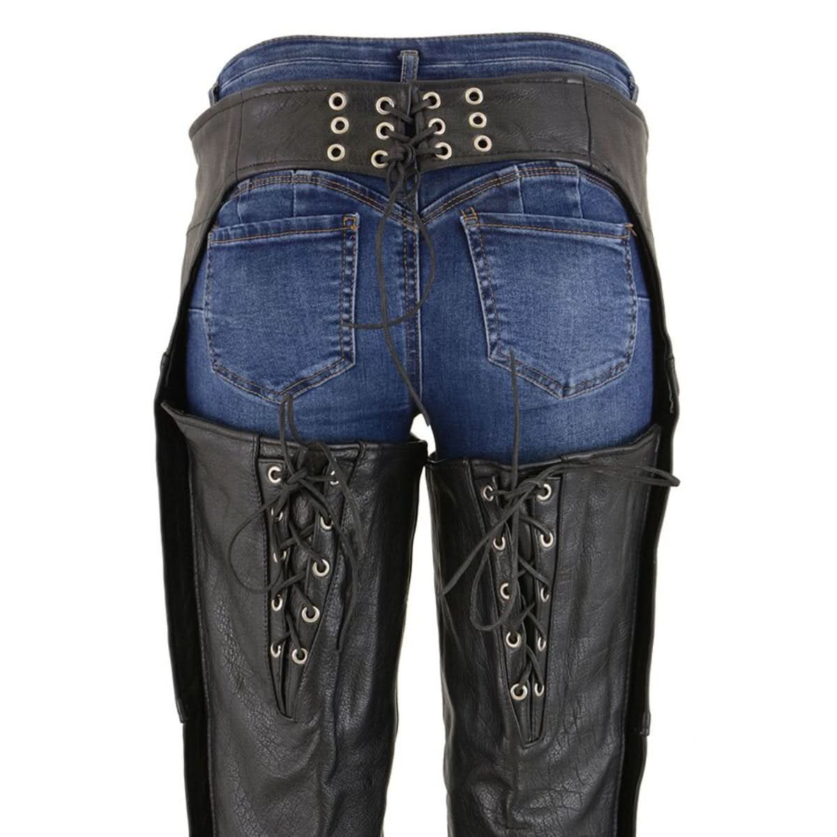 Milwaukee Leather Women's Black Premium Leather Motorcycle Rider Chaps w/ Deep Hip Pockets/Back Thigh Laces-ML1173