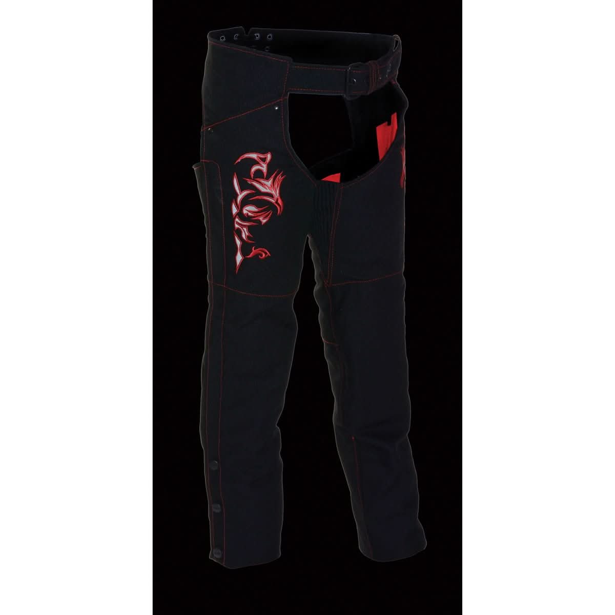 Milwaukee Leather SH1182 Women's Black with Red Textile Motorcycle Riding Chaps with Tribal Embroidery