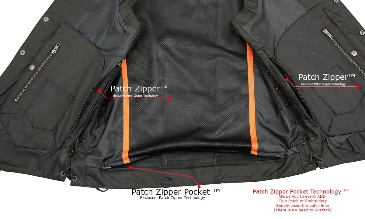 Milwaukee Leather SH1392Tall Men's Black Leather 10 Pocket V-Neck Side Lace Motorcycle Rider Vest w/ Snap Closure