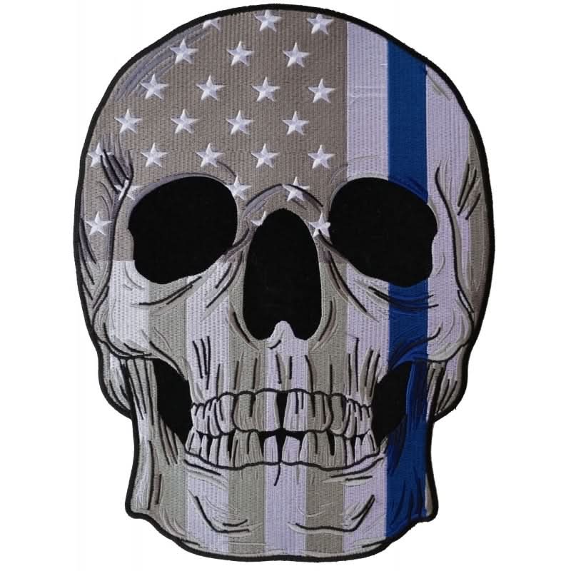 PL5995 Thin Blue Line Police Flag Skull Embroidered Iron on Patch Patches The Cheap Place