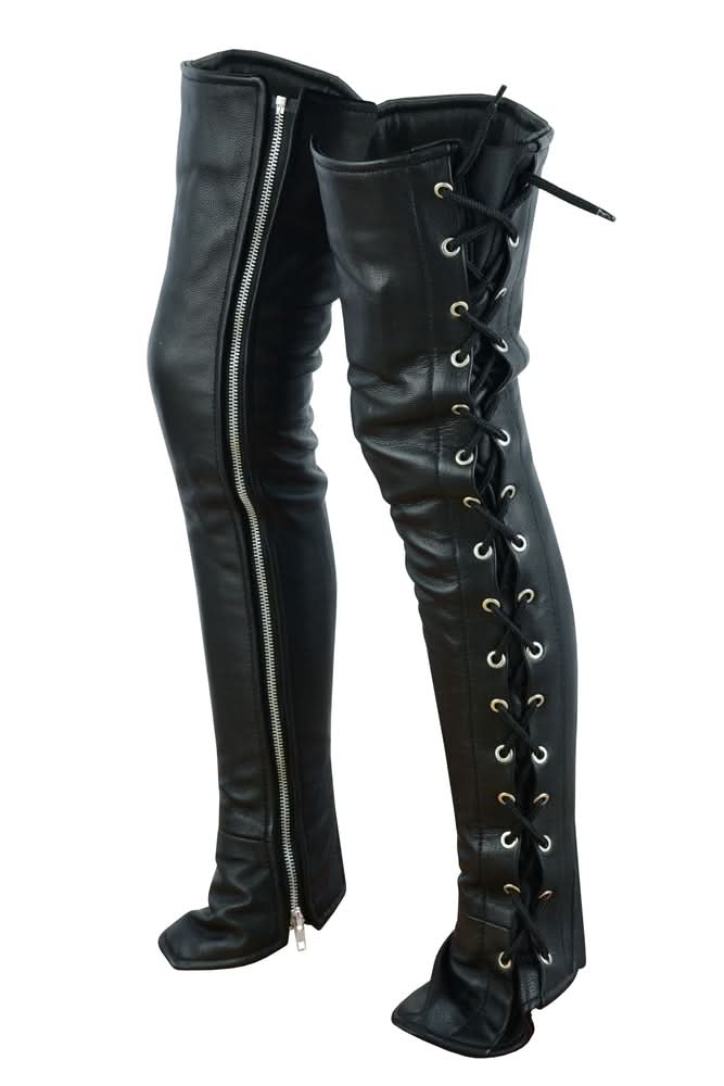 DS Women's Black Thigh High Leather Side Lace Leggings Chaps & Pants Renegade Classics