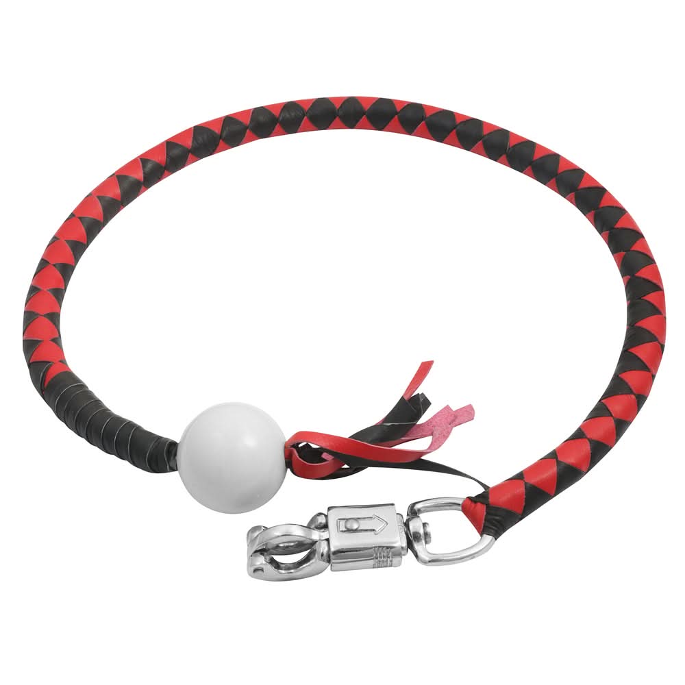 GBW211B Leather Handlebar Fringe - Red/Black w/ White Pool Ball Whips Renegade Classics