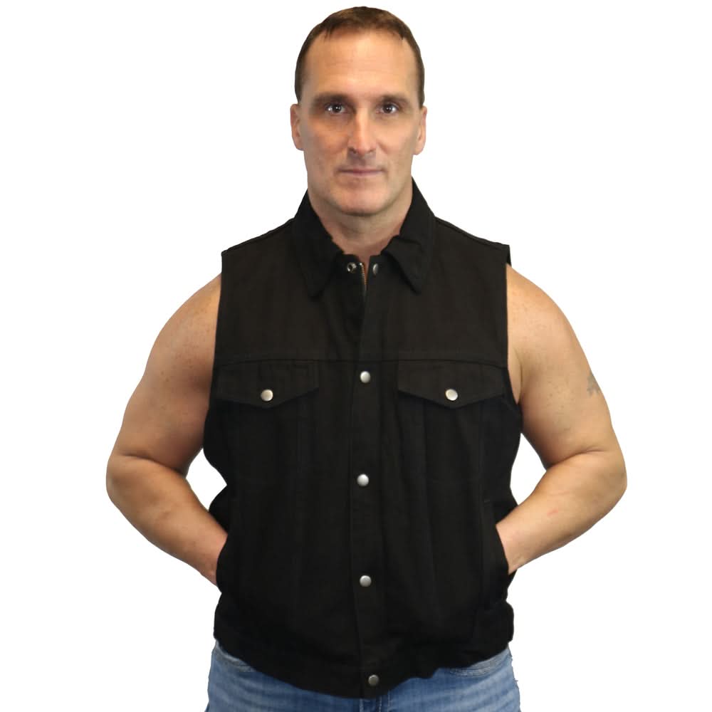 Darklock Men's Black Denim Motorcycle Vest Men's Denim Vests Renegade Classics