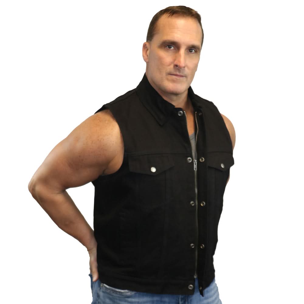 Darklock Men's Black Denim Motorcycle Vest Men's Denim Vests Renegade Classics