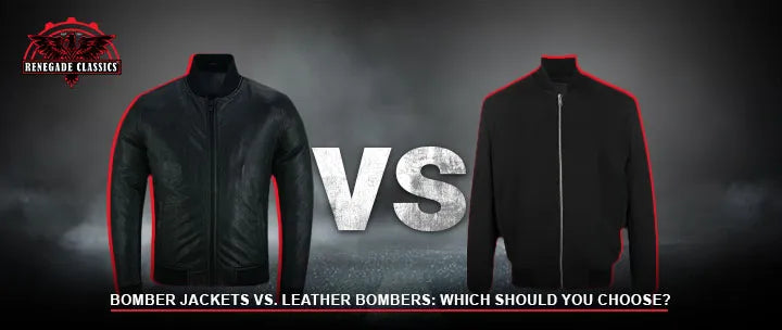 Comparing leather and non-leather bomber jackets in black, featuring the Renegade Classics logo on the upper left.