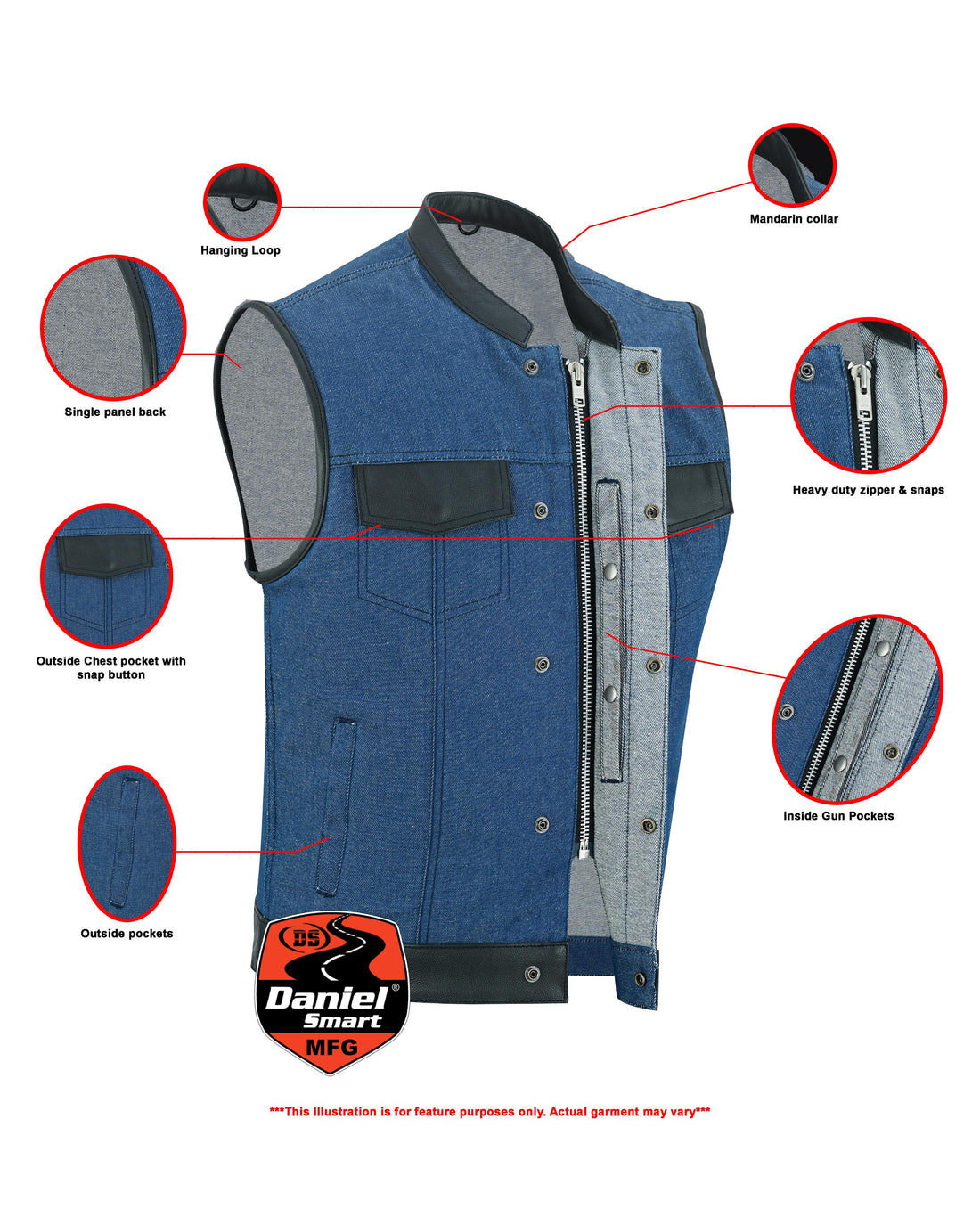 GrindStone Men's Broken Blue Denim Motorcycle Vest Men's Denim Vests Renegade Classics