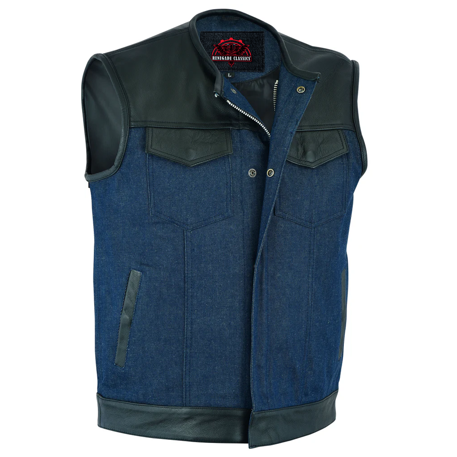 Blueburn™ Men's Leather & Denim Combo Motorcycle Vest (Black/Broken Blue)