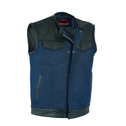 Blueburn Men's Leather & Denim Combo Motorcycle Vest (Black/Broken Blue)