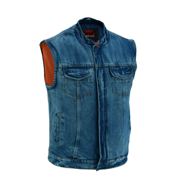 Men's Blue Denim Motorcycle Vest with Lace & Pockets