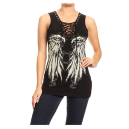 Women's BLACK Oversized Angel Wing Tank Top Women's Shirts PLATINUM PLUSH