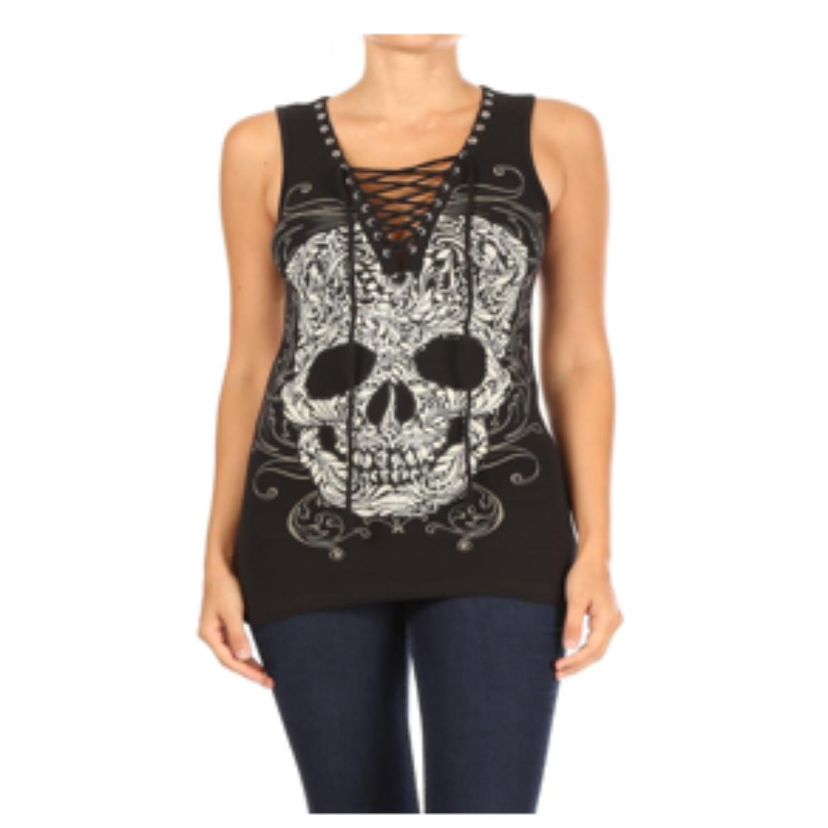 Women's BLACK Baroque Skull Graphic Tank Top Women's Shirts PLATINUM PLUSH
