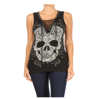 Women's BLACK Baroque Skull Graphic Tank Top Women's Shirts PLATINUM PLUSH